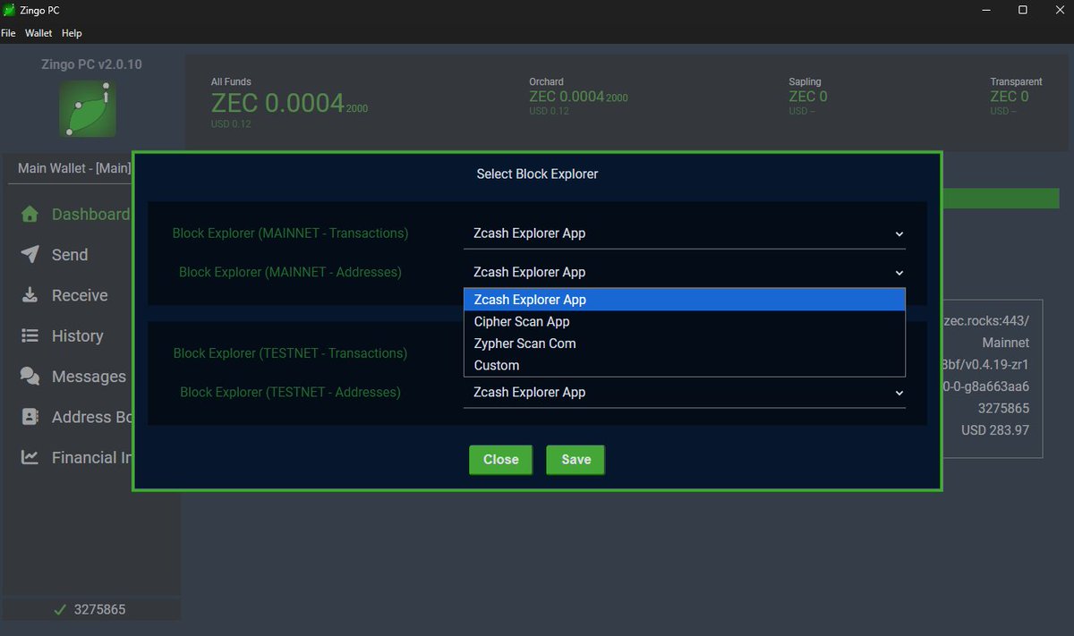Edicksonjga's tweet photo. @ZingoLabs ha lanzado nuevas actualizaciones para su billetera Zingo Wallet:

- Cambiar el explorador de bloques: selecciona entre Zcash Block Explorer, @cipherscan_app o @zypherscan en mobile o personaliza el explorador en Zingo PC:

Ve en @YouTube:
https://t.co/Gx1qrL3KDs https://t.co/evCJI4KDAS
