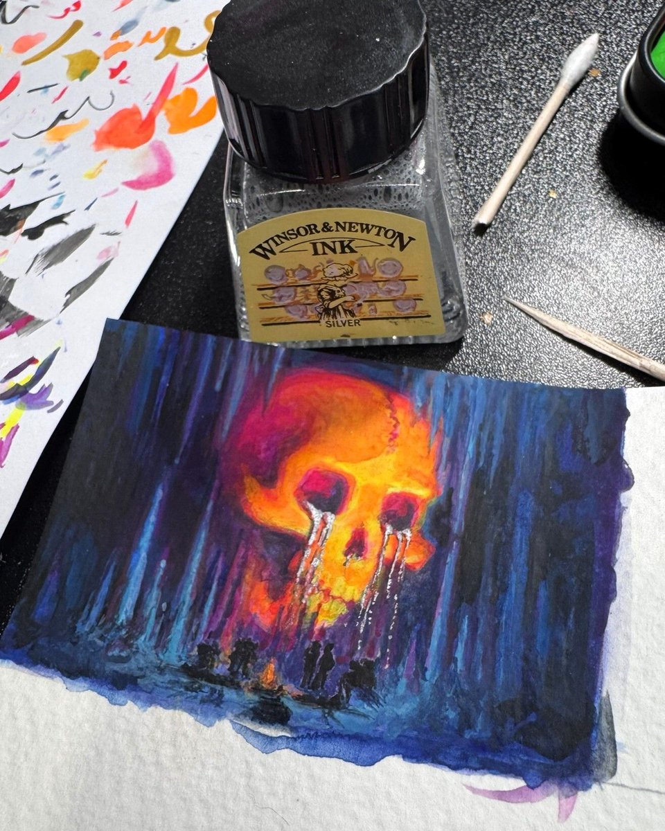 Yamcans's tweet image. Cave Skull (2025) 💀 ⛰️ 💎 ✨ watercolor mini painting w/ silver ink, fluorescent paints, and some rhinestones.  

not based on any particular property, just a piece to let my brain melt into until it was finished! #skullart #handmadeart #watercolorart #miniaturepainting #neonart