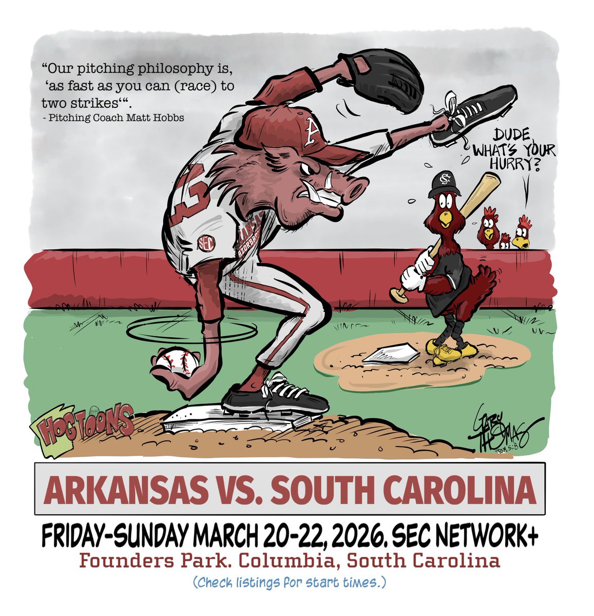 realrayzorback's tweet photo. Go Hogs! Beat SC! @RazorbackBSB @VanHornHogs @Hobbs_38 @JSanchez24_7 @GoodyOpsXVIII @GamecockBSB @SECNetwork #hogtoons #razorbackbaseball https://t.co/kwQoI8gYLi