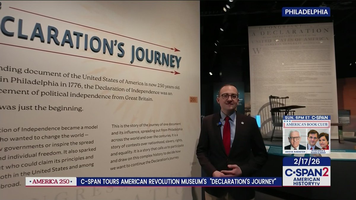 CSPANClassroom's tweet image. This NEW lesson features a tour of the @AmRevMuseum's "The Declaration's Journey" exhibit in Philadelphia, which details the history and global impact of the Declaration of Independence from 1776 to today: c-span.org/classroom/docu….

#America250 #Declaration #SSChat #EdChat