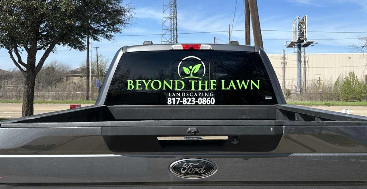 SignaramaNFW's tweet photo. Turning trucks into rolling billboards 🌿 We hooked up Beyond the Lawn Landscaping with bold, high-visibility window decals that make their brand stand out on every road. Clean design, crisp install, and built to last. 📞 Seen it? Call it. #VehicleGraphics #LandscapingLife https://t.co/0Vro4eClCj