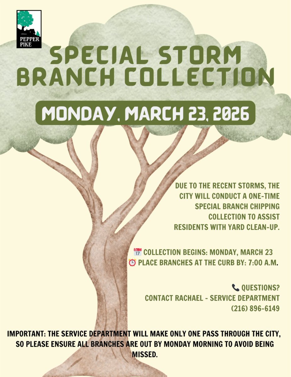 neohionews's tweet image. Pepper Pike residents: A special one-time branch chipping collection starts this Monday, March 23, to help with storm cleanup! Make sure your branches are curbside by 7 AM. Check the guidelines here:  neohio.news/2026/03/20/pep… #PepperPike #StormCleanup #OhioNews