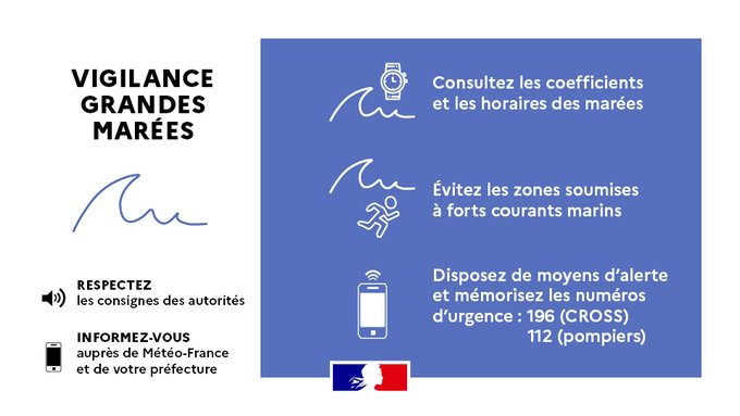 Image de Préfet de Normandie et de la Seine-Maritime - 🌊 #Vigilance grandes marées  

Ce samedi 21 mars et ce dimanche 22 mars, des coefficients de marée 