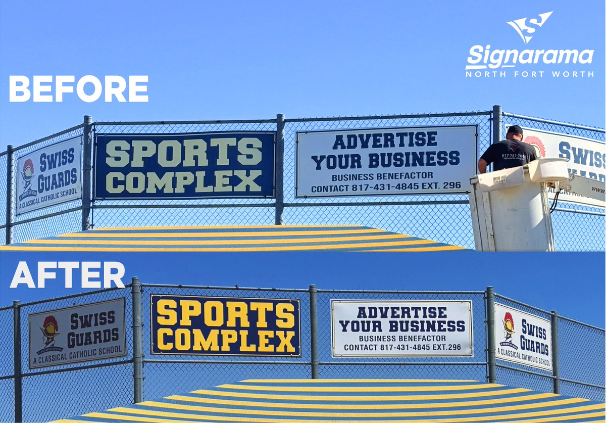 SignaramaNFW's tweet photo. The Texas sun faded these signs—but we brought them back to life ☀️ Fresh color, bold contrast, and built to last for St. Elizabeth Ann Seton Catholic School.  #BeforeAndAfter #Signarama #SchoolPride #TexasSun #FortWorthTX https://t.co/zgXnv3FIxr