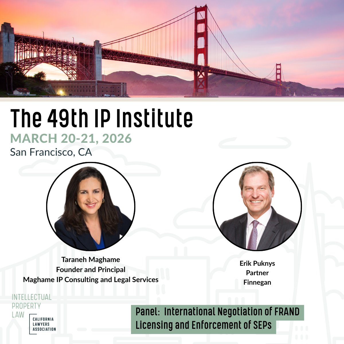 CLA_IP's tweet photo. Don't miss this session at the 49th IP Institute:

Session 3.2: International Negotiation of FRAND Licensing and Enforcement of SEPs
March 20
2:00 PM – 3:00 PM

Explore the full Institute schedule: https://t.co/WTB0oZaXGM https://t.co/u6trQONnMV