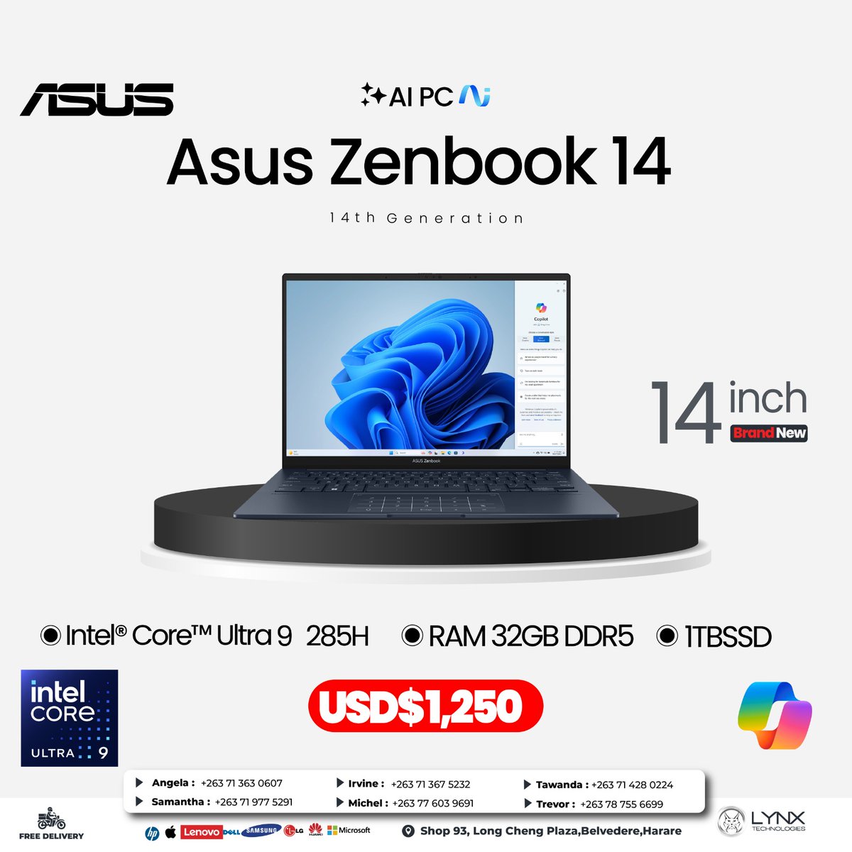lynxtechsales's tweet photo. ASUS ZENBOOK 14
⚪CORE ULTRA 9 285H | 
⚪32GB RAM | 1TB SSD | 
⚪14" TOUCHSCREEN -
$1250

🔵Your ICT Needs Our Responsibility https://t.co/MnDoqxD8m7