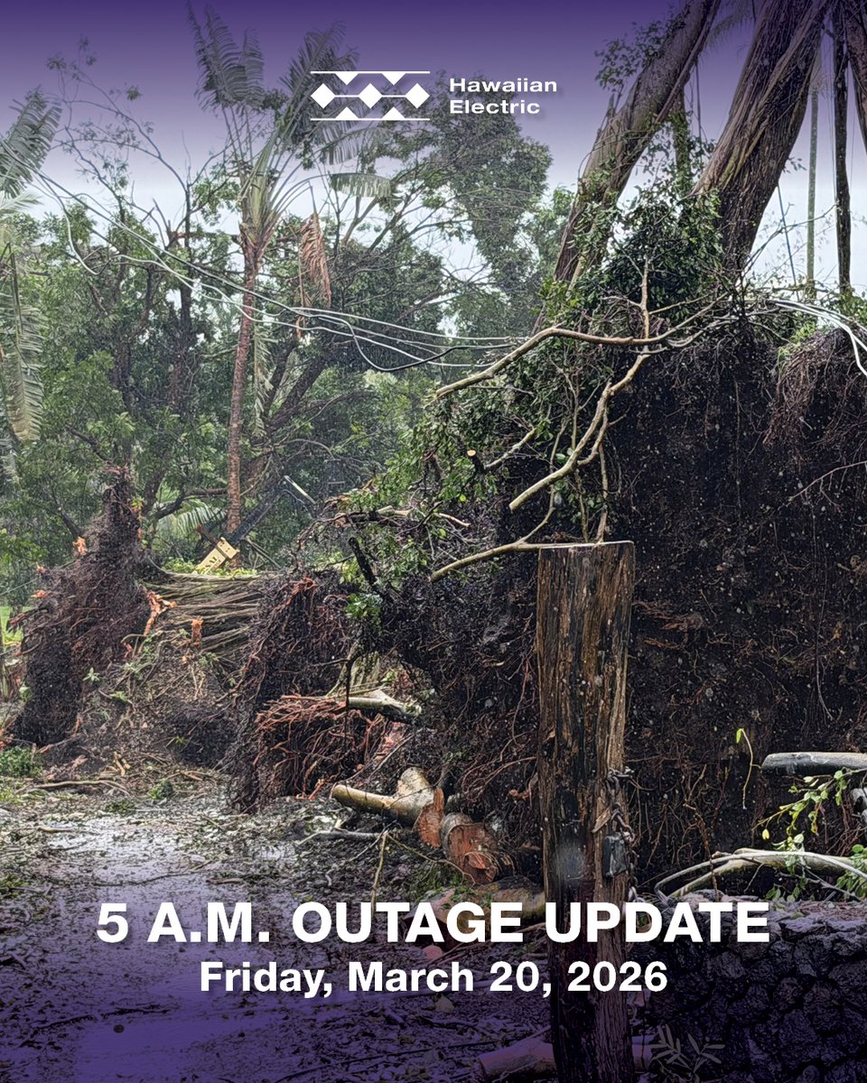 HIElectricLight's tweet photo. 5a #BigIslandOutage update: With a second Kona low storm system now moving across the state, new outages could occur. Saturated grounds and moderate winds may cause partially uprooted trees to fall on power lines or take down poles. Anyone who sees a downed pole/line should stay at least 30 ft away & immediately call 1-855-304-9191. For more downed power line safety tips, visit: [https://t.co/43VQQhm5hj]. https://t.co/3pH2aO2gYQ
