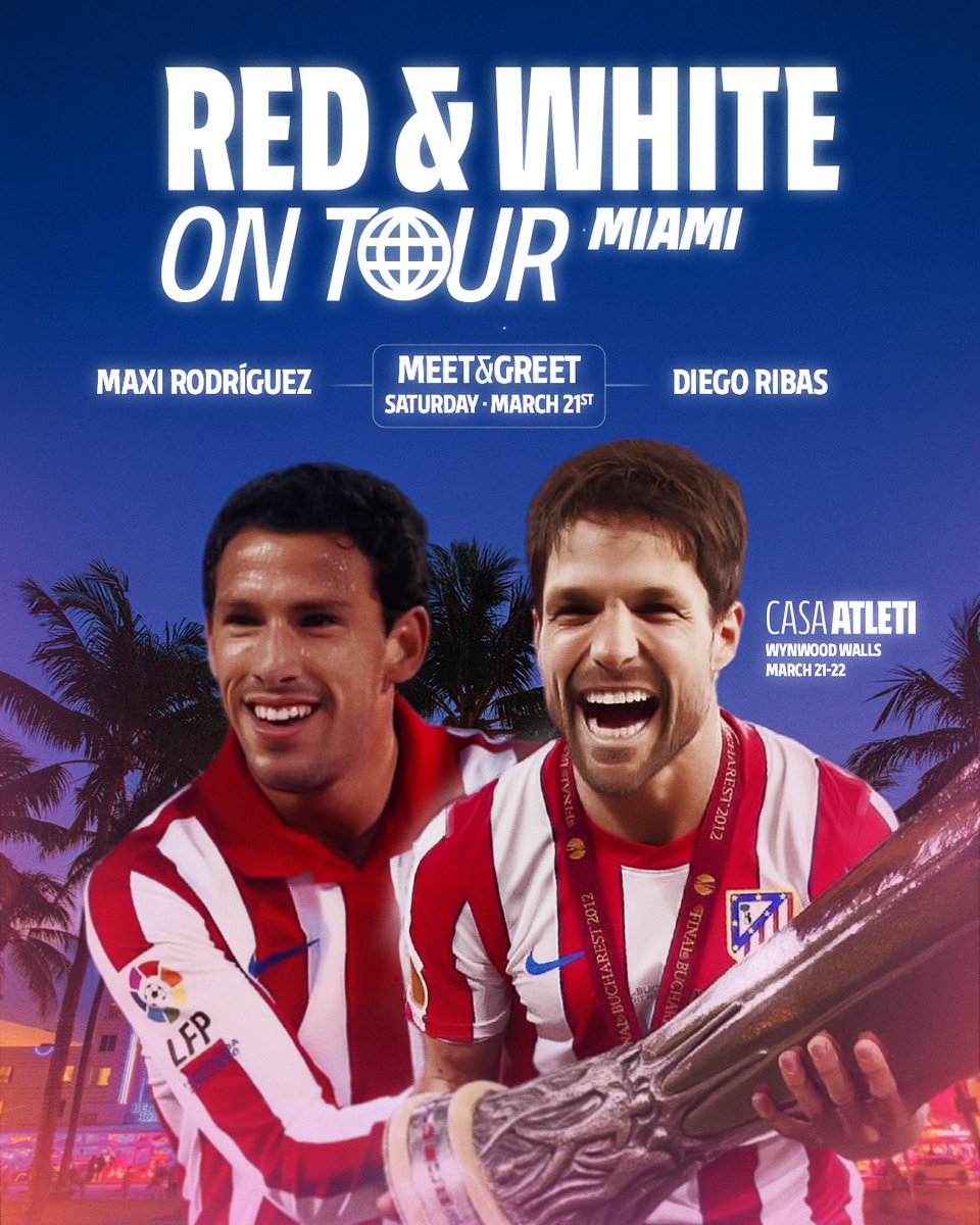atletienglish's tweet photo. A very Red &amp; White weekend in Miami with Casa Atleti ❤️🤍

See y’all in Wynwood to enjoy the Madrid derby weekend with two incredible guests: Maxi Rodríguez and Diego Ribas 🤩 https://t.co/28Yk16F8Os