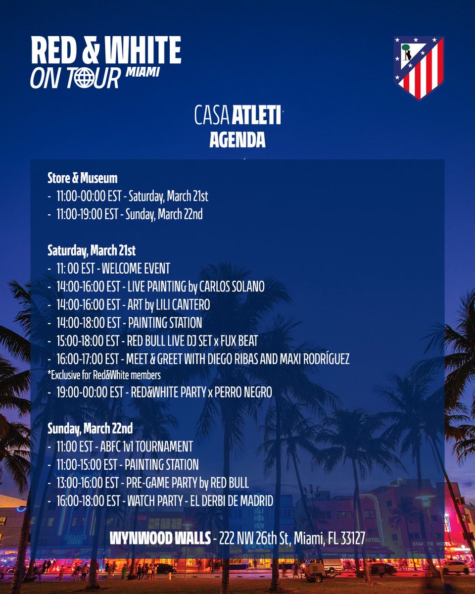 atletienglish's tweet photo. A very Red &amp; White weekend in Miami with Casa Atleti ❤️🤍

See y’all in Wynwood to enjoy the Madrid derby weekend with two incredible guests: Maxi Rodríguez and Diego Ribas 🤩 https://t.co/28Yk16F8Os