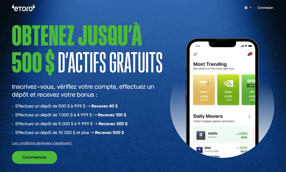 LeJournalDuCoin's tweet photo. 🔥 ETORO OFFRE JUSQU’À 500 $ !

Une nouvelle campagne exclusive au Journal du Coin vient d’être lancée, et elle se distingue clairement de ce que l’on voit habituellement sur le marché 🫱🏼‍🫲🏾

Après inscription sur @eToro via notre lien, il est possible de bénéficier d’un bonus pouvant aller jusqu’à 500$, en fonction du montant de votre premier dépôt.

L’offre fonctionne par paliers, avec tous les détails accessibles ici 👇

https://t.co/9cijgTOXU9

⏳ Disponible pour une durée limitée.

#CollaborationCommerciale