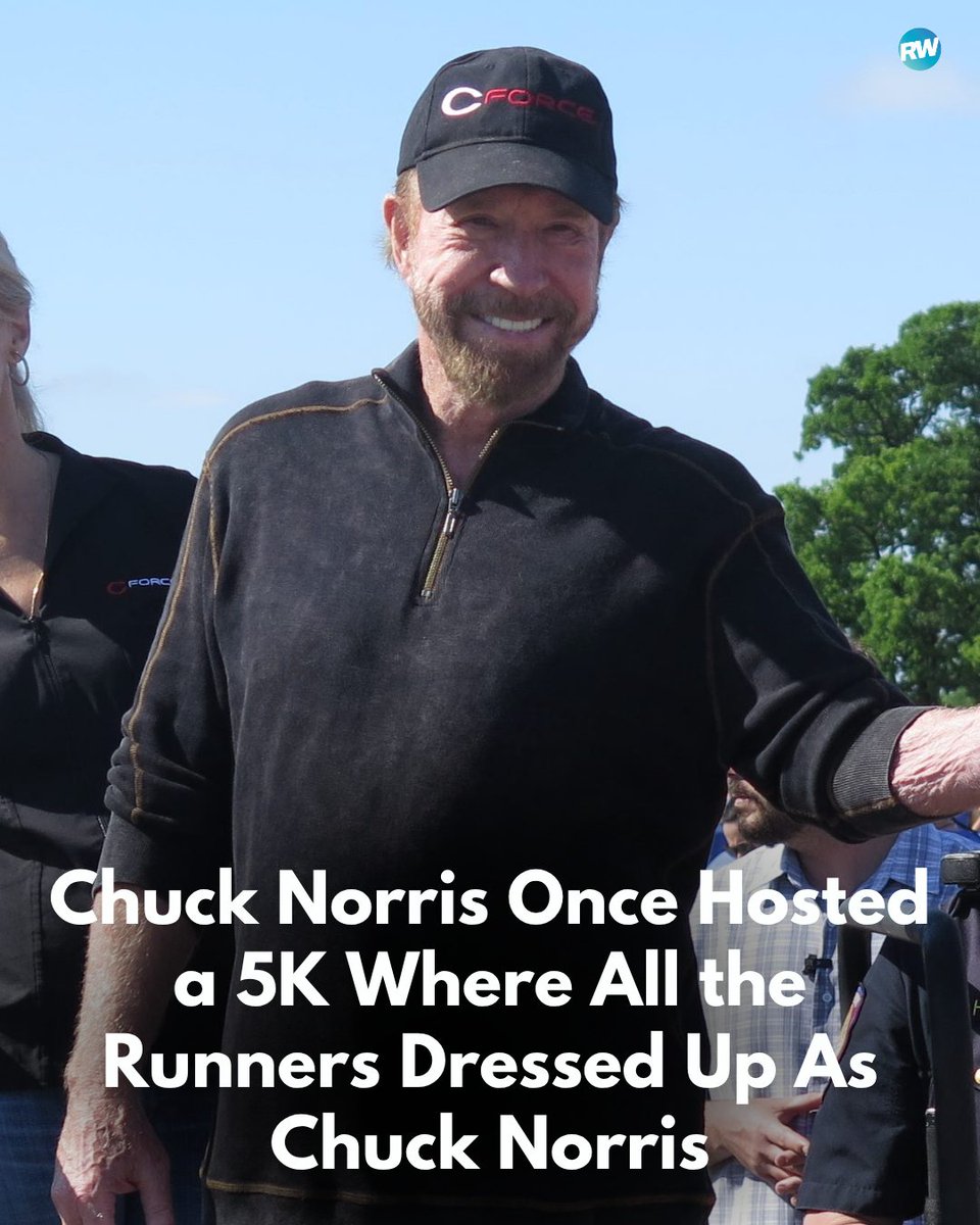 runnersworld's tweet photo. In 2019, 5,000 people donned their best fake beards, boots, and jorts to get a high five at the finish line from Chuck Norris himself, who died this week at 86.

https://t.co/DxVOY6JRqE https://t.co/WmEbCvEsBO