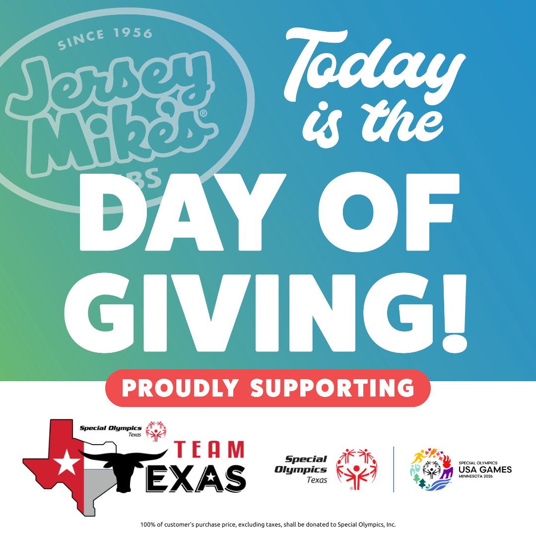 🚨 TODAY is <a href="/jerseymikes/">Jersey Mike's Subs</a> Day of Giving and your chance to make a difference!  Be sure to place your order in-store or online on the Jersey Mike's website to support our athletes. 100% of your sale from participating locations will support Team Texas athletes at the <a href="/2026USAGames/">Special Olympics USA Games</a>!