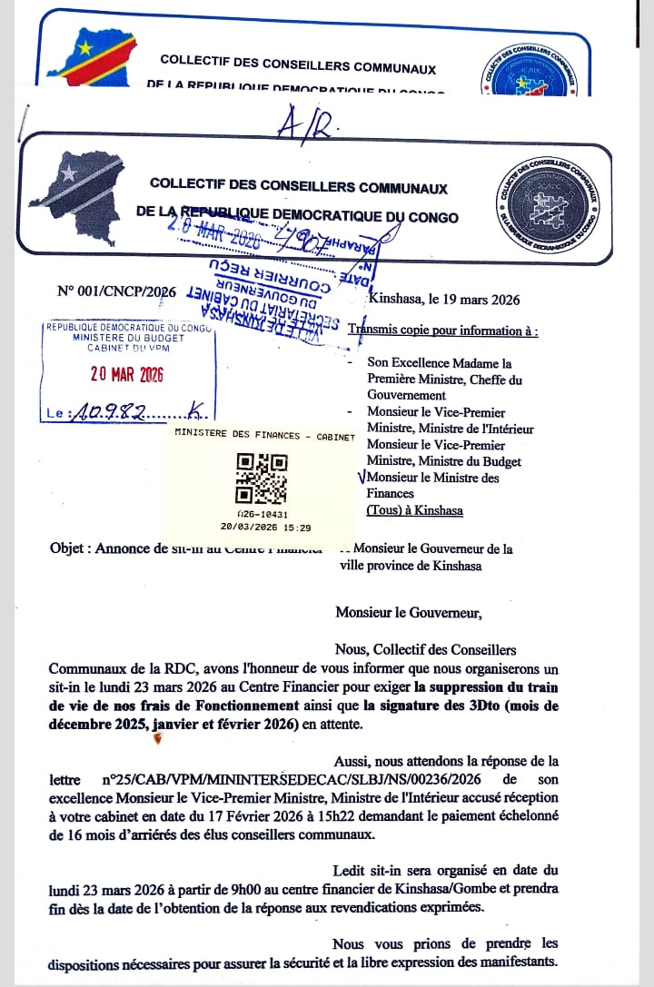 MarcelK38227645's tweet photo. Les conseillers communaux de nouveau dans la rue pour réclamer,un sit-in devant le cabinet du ministre des Finances lundi 23/03/2026, pourquoi le gouvernement de la RDC ne peut pas trouver la solution une fois pour toute que ces élus locaux puis aussi être traité bien https://t.co/uDh8pYnTzE
