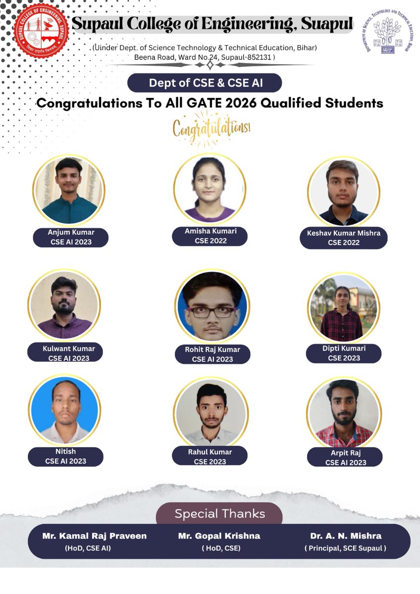 OfSupaul's tweet photo. Gate 26 Qualified Students of CSE and CSE AI Branch of Supaul College of Engineering, Supaul. https://t.co/f2QiadaP3C
