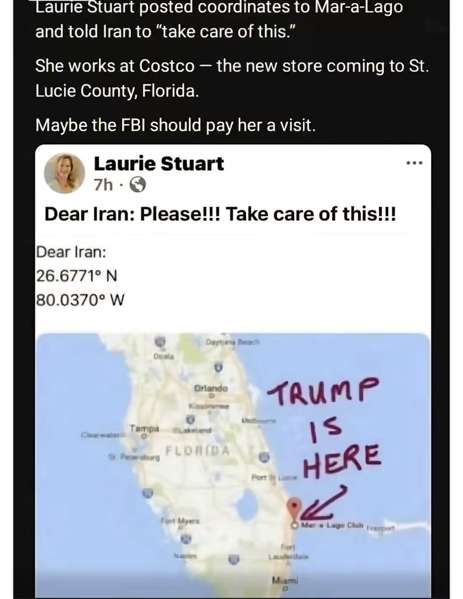 AmericanClips23's tweet photo. Laurie Stuart, a higher-up at Costco, posted the president’s coordinates on social media with the caption “Iran take care of this”. @Costco we demand accountability! https://t.co/DXFqnk474j