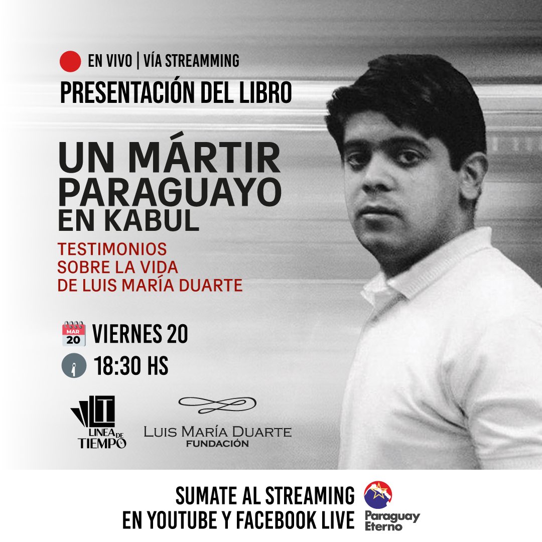 🔴 EN VIVO

Presentación del libro
“Un mártir paraguayo en Kabul”
🗓️ Viernes 20 | 🕡 18:30 hs

👉 Conectate:

▶️ YouTube:
youtube.com/@paraguayetern…

📘 Facebook Live:
facebook.com/share/185nZjJL…