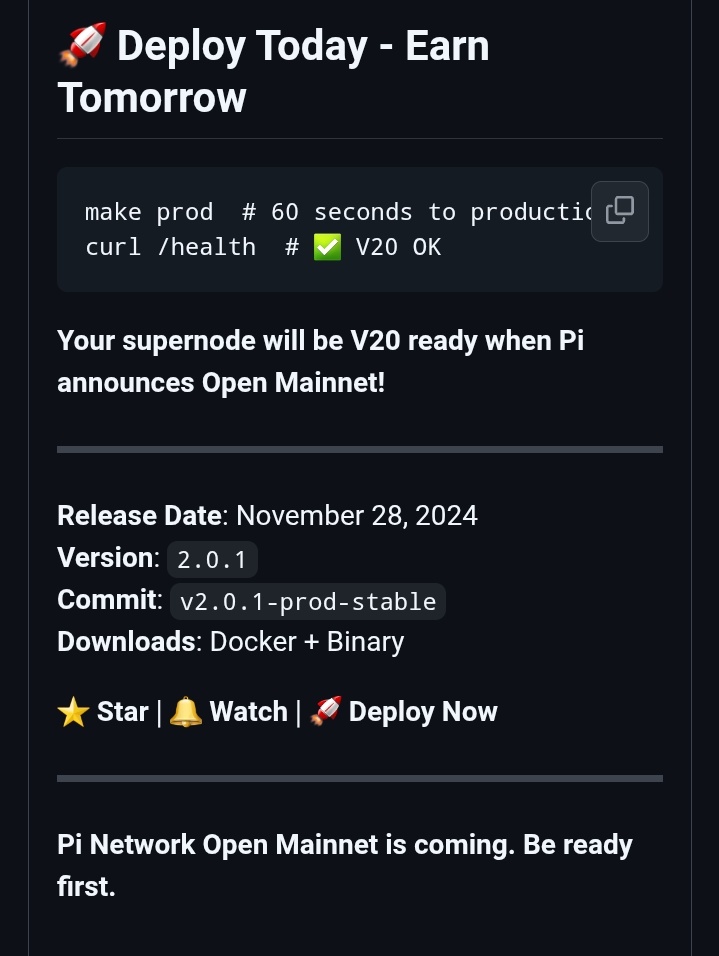 For those running supernodes, your supernode will be ready for version 20 when Pi announces the opening of the main network.
Be ready first.
#PiNetwork
