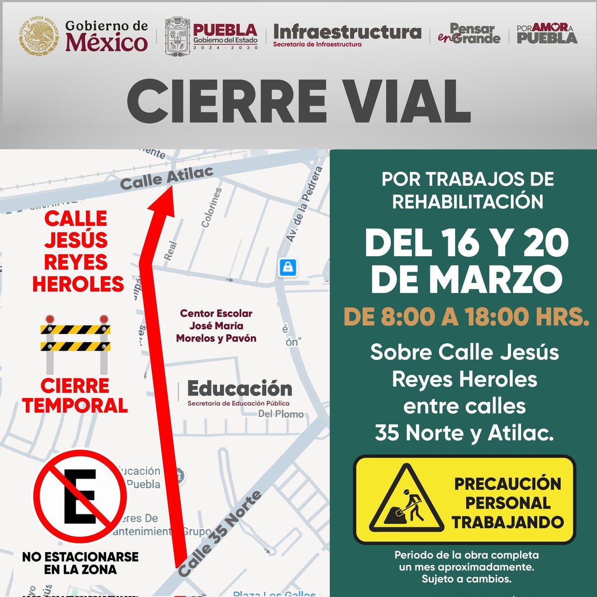 👷🏽#InfraInforma | PRECAUCIÓN, CIERRE VIAL sobre Calle Jesús Reyes Heroles entre calles 35 Norte y Atilac.

🚧 El <a href="/Gob_Puebla/">Gobierno de Puebla</a> trabaja en la rehabilitación de esta importante vía de comunicación.

🚗 <a href="/InfraGobPue/">Secretaría de Infraestructura</a>