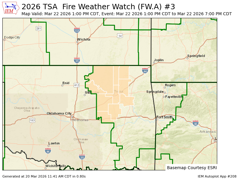 iembot_tsa's tweet photo. TSA issues Fire Weather Watch valid at Mar 22, 1:00 PM CDT for Creek, Nowata, Okfuskee, Okmulgee, Osage, Pawnee, Rogers, Tulsa, Wagoner, Washington [OK] till Mar 22, 7:00 PM CDT https://t.co/BVfTj9TS5A https://t.co/0odCgLZrqH