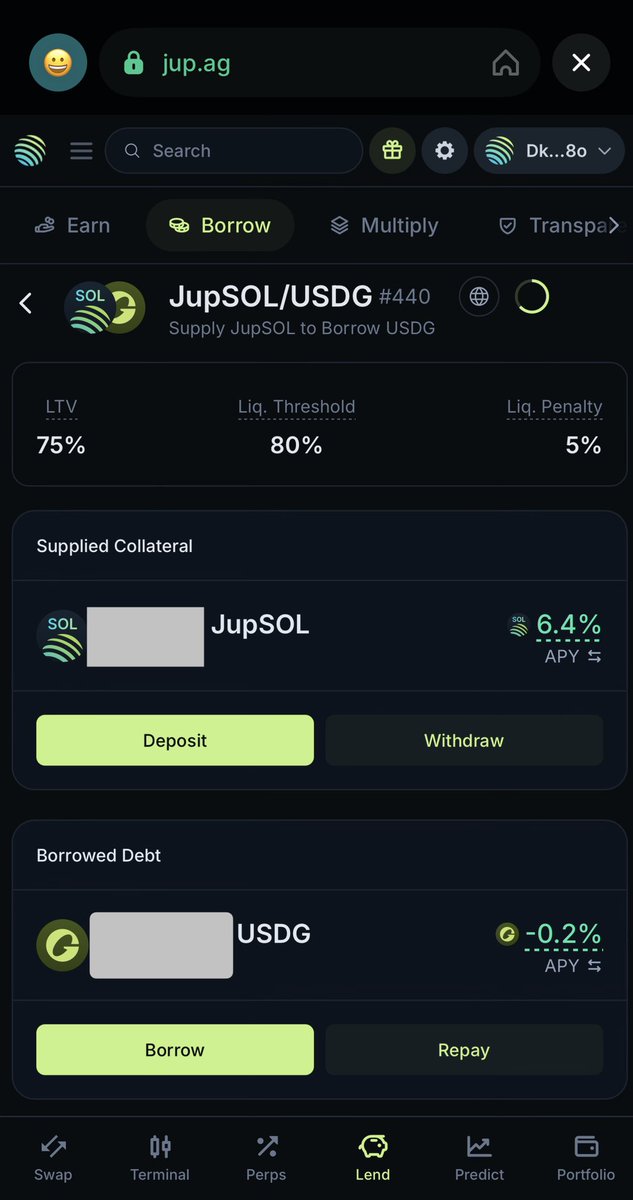 rich_vova_'s tweet photo. Right now, you can deposit your $JupSol and borrow $USDG against it — and you’ll even get paid for it. Only on @jup_lend https://t.co/I81rugRiI9