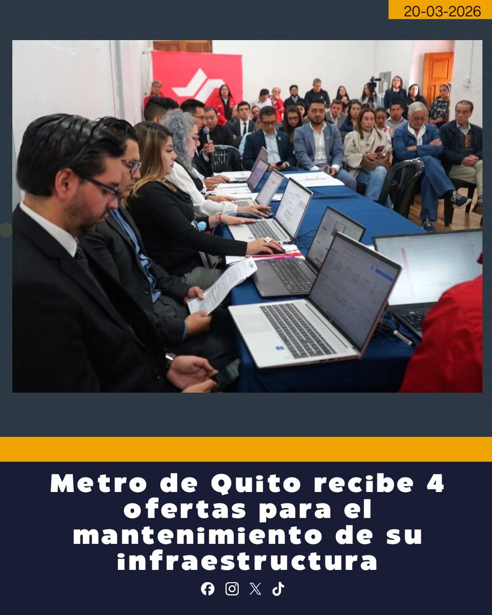 LlamingoE's tweet photo. ATENCIÓN | @MetrodeQuito avanza con transparencia en el proceso de contratación del mantenimiento de infraestructura, superestructura, electromecánicos y telecomunicaciones #ISET.
Se recibieron 4 ofertas dentro del cronograma establecido y ahora la comisión técnica evaluará las propuestas para recomendar la adjudicación, prevista para la primera quincena de abril de 2026.
Este contrato tendrá una vigencia de 5 años, hasta 2031, con un presupuesto referencial de USD 73,9 millones, mientras el personal de @MetrodeQuito continúa garantizando la operación con altos estándares de calidad y seguridad.
#MetroDeQuito #Quito #Movilidad #TransportePúblico #Infraestructura #Mantenimiento #Seguridad #ServicioPúblico
Nota:J.J.