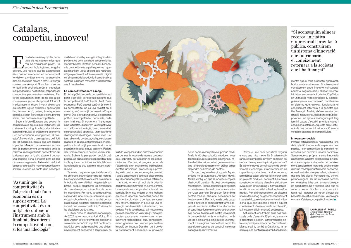 laurallussa's tweet photo. Avui en dia, sense innovació no hi ha competitivitat. I sense competitivitat, no hi ha sobirania.

Escric “Catalans, competiu, innoveu!”, al nou número de l’Informatiu de l’Economista publicat per @economistescat ⬇️ https://t.co/L8wl7rTdRr