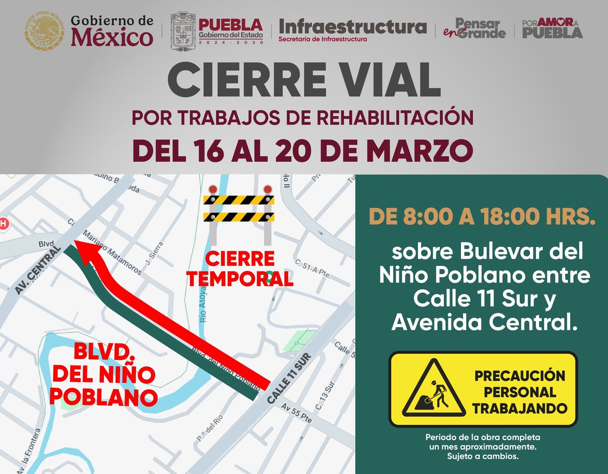 🚧 #InfraInforma | CIERRE VIAL sobre Bulevar del Niño Poblano entre Calle 11 Sur y Avenida Central. 

🦺El <a href="/Gob_Puebla/">Gobierno de Puebla</a> trabaja en la rehabilitación de esta importante vialidad, con sentido a Vía Atlixcáyotl.  <a href="/InfraGobPue/">Secretaría de Infraestructura</a>