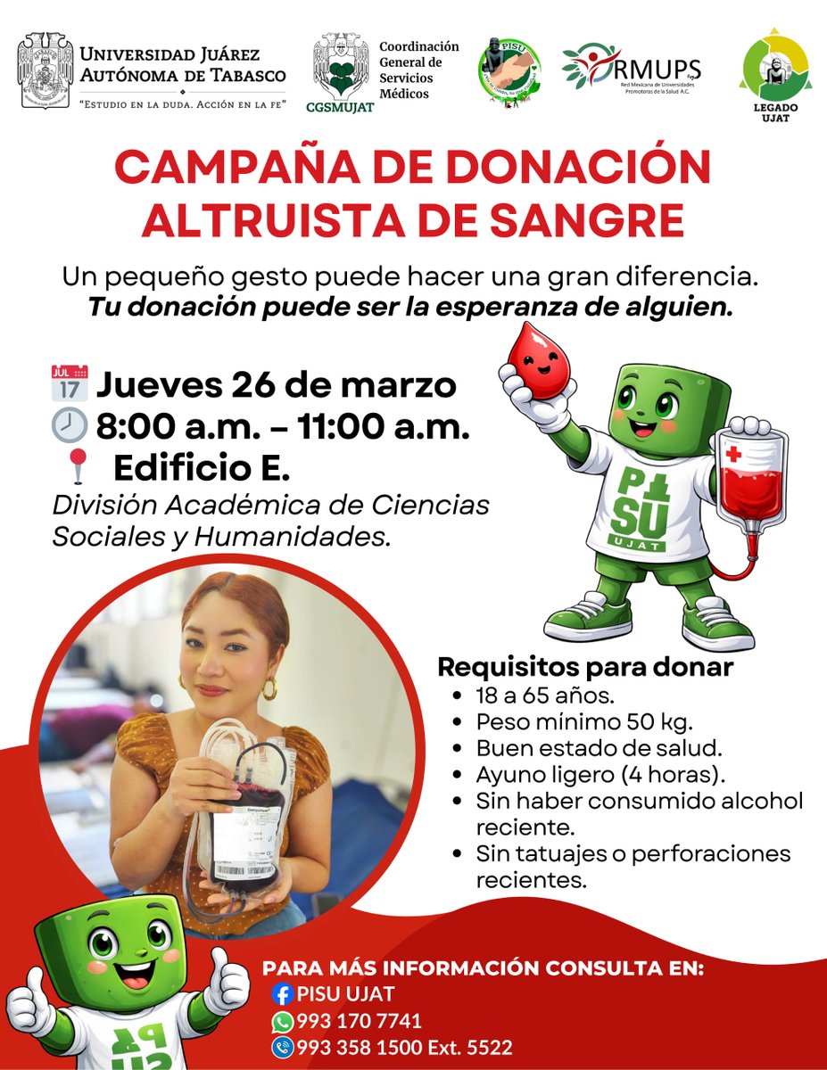 Un pequeño gesto puede hacer una gran diferencia. Tu donación puede convertirse en la esperanza de alguien más. ❤️

📅 Fecha: 26 de marzo
⏰ Horario: 8:00 a 11:00 a.m.
📍 Lugar: Edificio E, División Académica de Ciencias Sociales y Humanidades

Tu participación puede salvar vidas