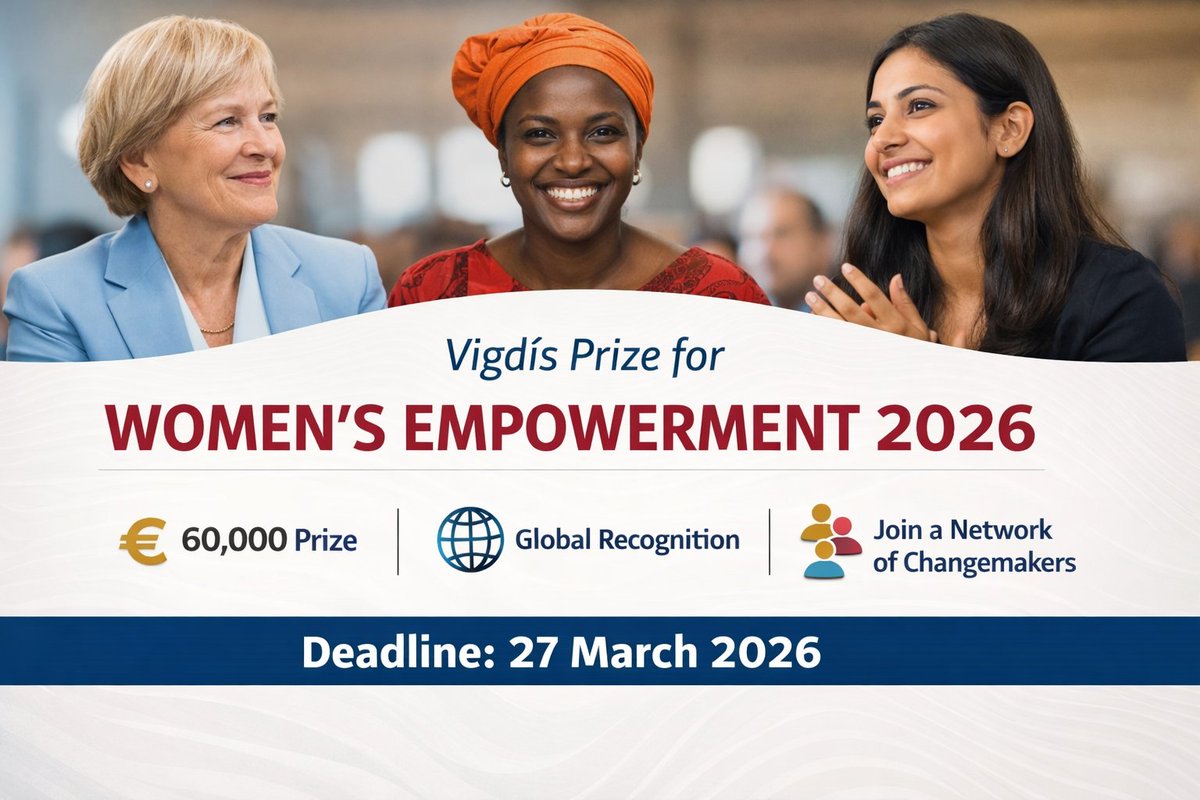 opportunitiesfy's tweet image. 🌍 Vigdís Prize 2026 is OPEN!
Win €60,000 + global recognition for advancing women’s empowerment.
🎯 €60K + visibility
 📅27 March 2026
 🔗 wp.me/p23f03-iBt
#WomenEmpowerment #Awards #Opportunities