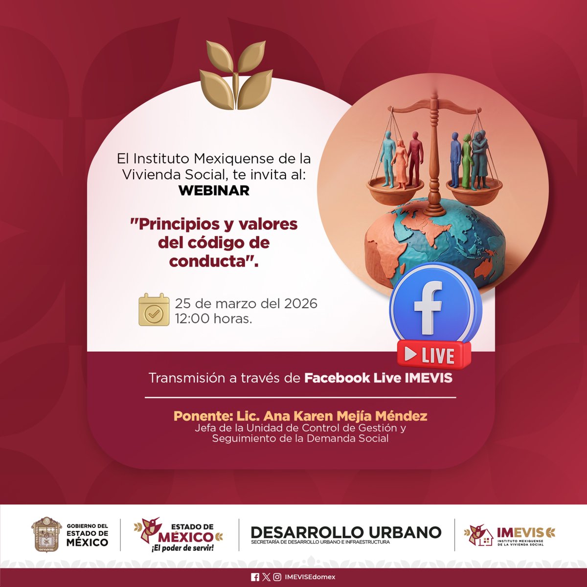 IMEVISedomex's tweet photo. ✨Conéctate al #WebinarIMEVIS,
"Principios y valores del código de conducta", en el que podrás informarte acerca de la importancia de la ética en el servicio público.
Miércoles 25 de marzo. 🗓️
Facebook Live. 12:00 horas. ⏰
#ElPoderDeServir https://t.co/hDWCkJc0SD