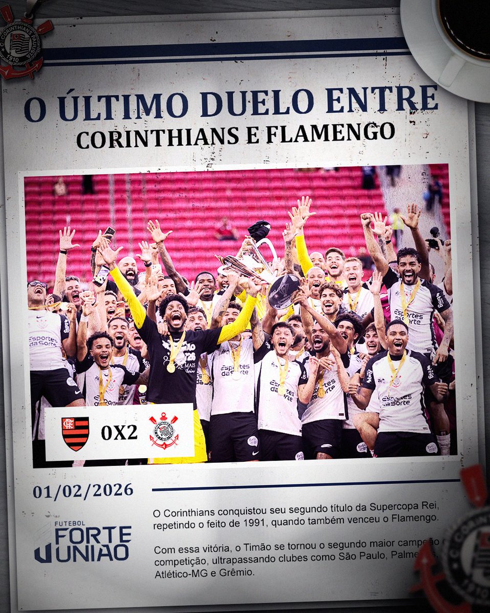 forte_uniao's tweet photo. O ÚLTIMO CONFRONTO... 🏆
Em fevereiro, Corinthians e Flamengo se enfrentaram pela #SupercopaRei, e o Timão levou a melhor com o título! Agora é hora de #Brasileirão! 👀
📺 CazéTV, Record e Premiere, às 20h30
#ForteUnião #Corinthians https://t.co/TrYdpaCxoL