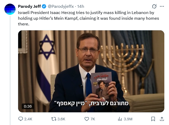 I wish people would stop sharing this account

At best, it's just irresponsibly putting out any cr*p, w/o even basic fact check, for money/clickbait

This is recycled 2023 footage of Herzog peddling propaganda lies on Gaza &amp; has nothing to do with Lebanon
bbc.com/news/av/world-…
