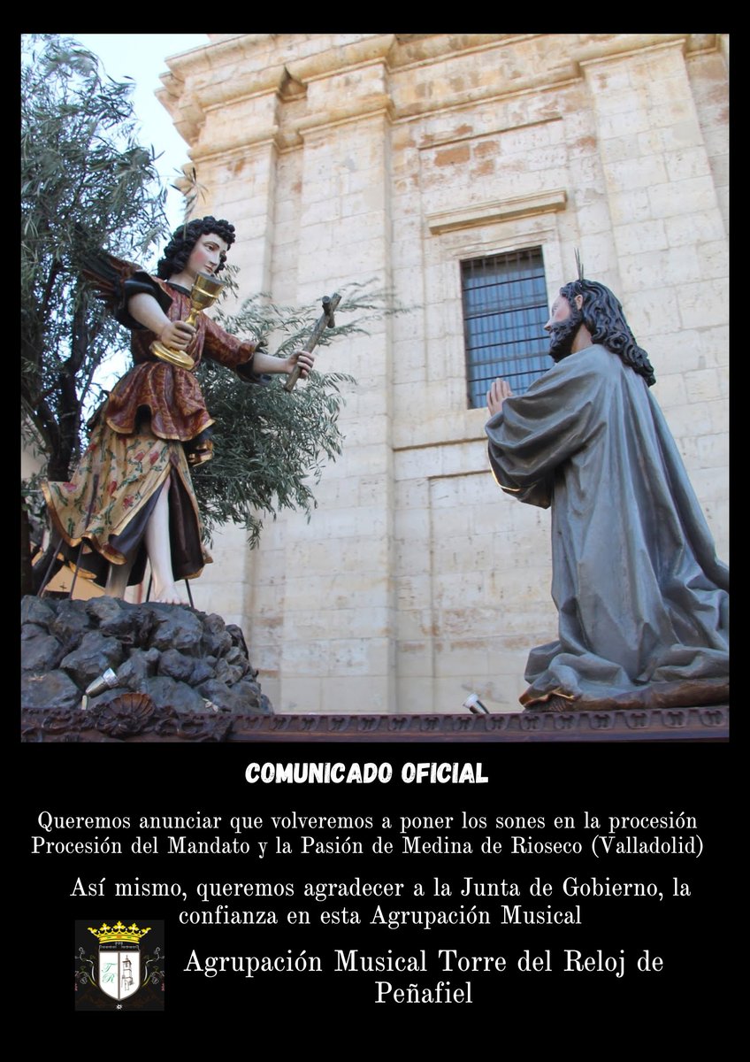 El Jueves acompañaremos la Procesión del Mandato y la Pasión en Medina de Rioseco (Valladolid)

Gracias a la Junta de Semana Santa la confianza depositada en esta Agrupación.

#XIVAniversario
#AMTorreDelReloj2026