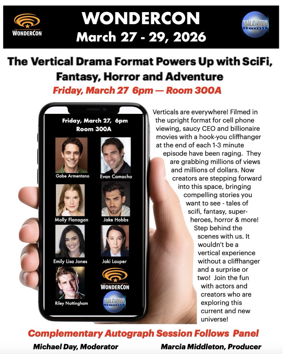 Happy to be producing a WonderCon Panel on March 27, on the Vertical format moving into scifi.  See attached announcement.  Yay!