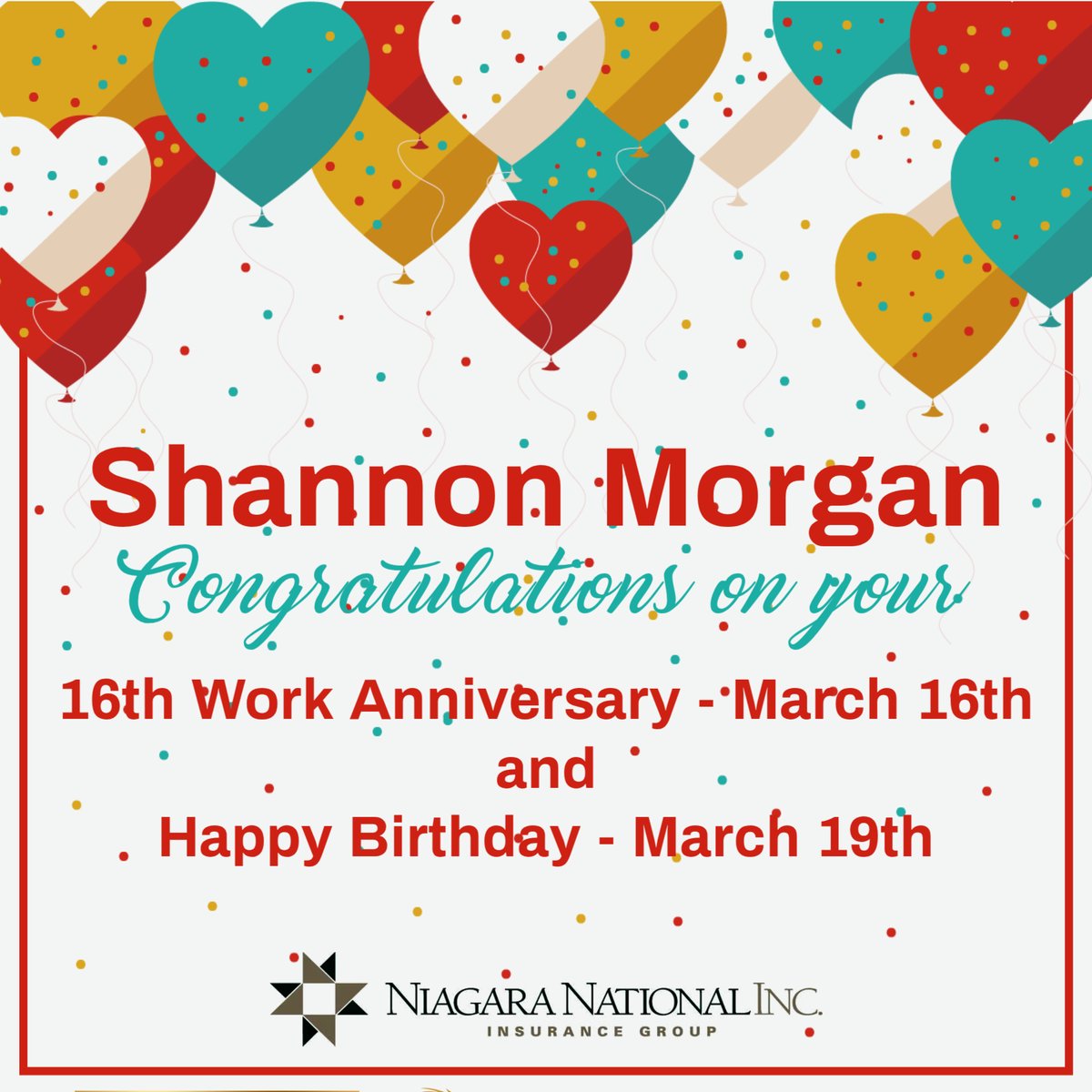 NiagaraNational's tweet photo. Celebrating Shannon Morgan's 16th work anniversary on March 16th and birthday on March 19th. Wishing you continued success and happiness! 
#WorkAnniversary 
#HappyBirthday 
#Milestone https://t.co/TbFBhiVwAd