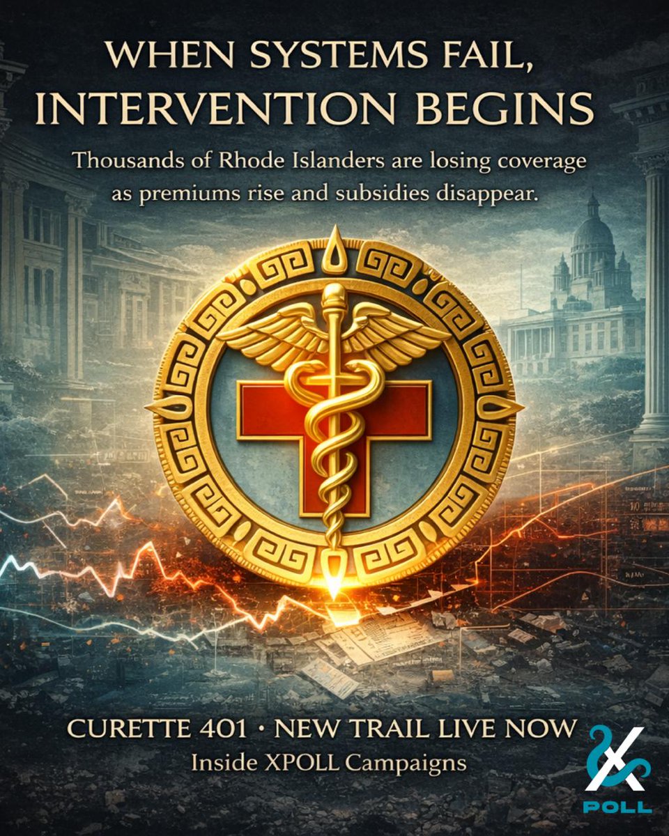 xpollplatform's tweet photo. CURETTE TRAIL LIVE NOW WITH CURETTE COINS

When systems fail, public pressure becomes the next intervention.

Curette 401 tracks the real tension around healthcare coverage, rising premiums, and disappearing support across Rhode Island. Join the trail, weigh in on the crisis, and help map what this moment really means for people on the ground.

https://t.co/QPucsc60JU

#XPOLL #Curette401 #HealthcareSignal #RhodeIsland #PollToEarn