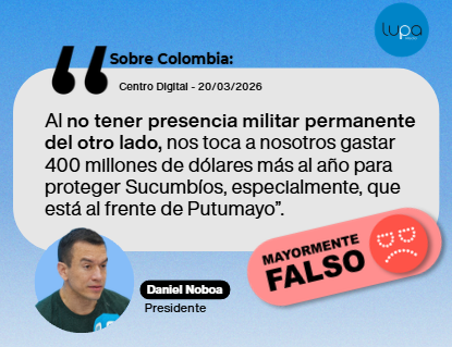 🔴MAYORMENTE FALSO I Colombia: "Al no tener presencia militar permanente del otro lado, nos toca a nosotros gastar 400 millones de dólares más al año para proteger Sucumbíos, especialmente, que está al frente de Putumayo".

Es falso que Colombia no tenga presencia militar