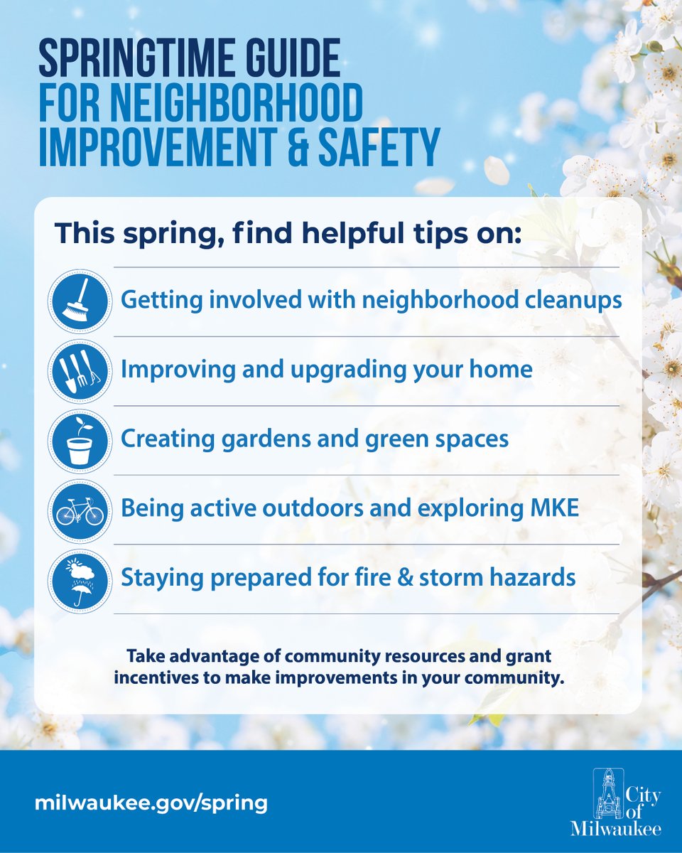 milwaukeedpw's tweet photo. Happy first day of spring!
#SpringIntoAction with helpful tips on:
🧹 Neighborhood cleanups
🏡 Home improvements
🌻 Gardens & green spaces
🚴♂️ Outdoor activities
⛈️ Prep for fire & storm hazards
View our Springtime Guide for more neighborhood resources. ➡️https://t.co/yosYUoW4V2 https://t.co/8WGyWWhmW9
