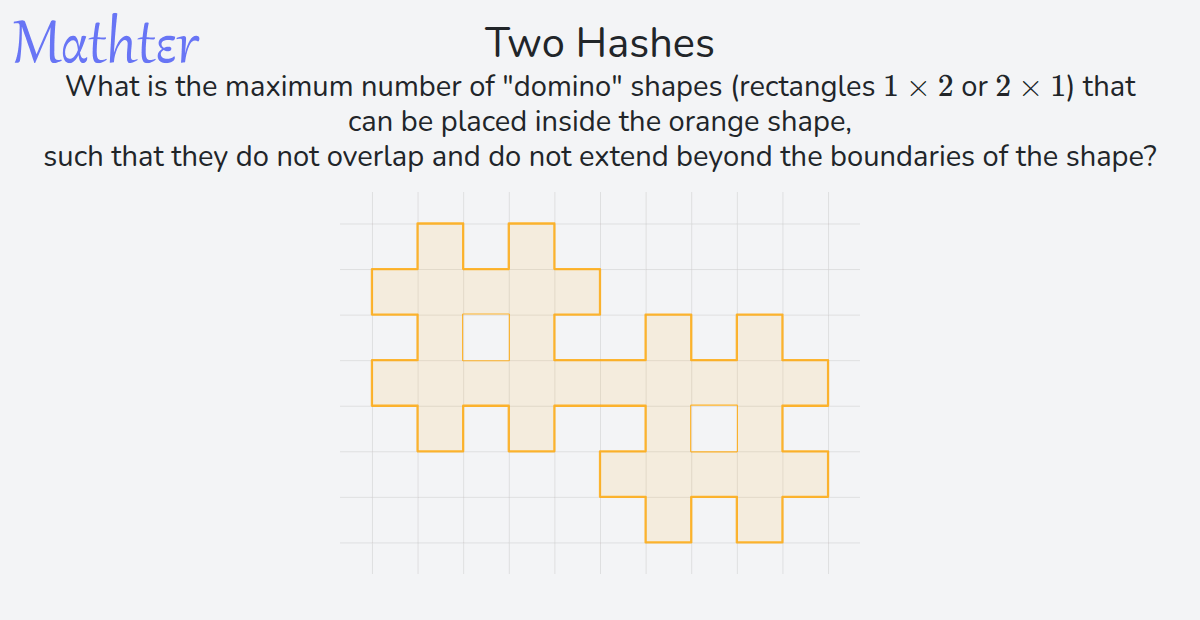 MathterRiddler's tweet photo. Puzzle from the Mathter website - Two Hashes: https://t.co/226D774PHF 
#Puzzle #Invariants #CaseAnalysisCheckingCases #MinimumandMaximumProblemsOptimizationProblems #ChessboardColoring #GridPaperGeometryLatticeGeometry https://t.co/PYqoXhLpnk