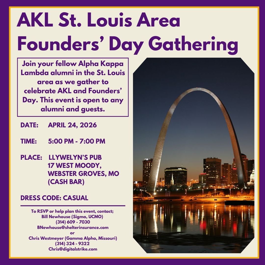 AKLFraternity's tweet image. AKL alumni are hosting their annual April event near St. Louis to celebrate Alpha Kappa Lambda Founder's Day. If you are in the area, RSVP and join your fellow brothers!

#AlphaKappaLambda #AKLBrotherhood #AKLMenOfCharacter #AlethaiKaiLogos #GreekLife