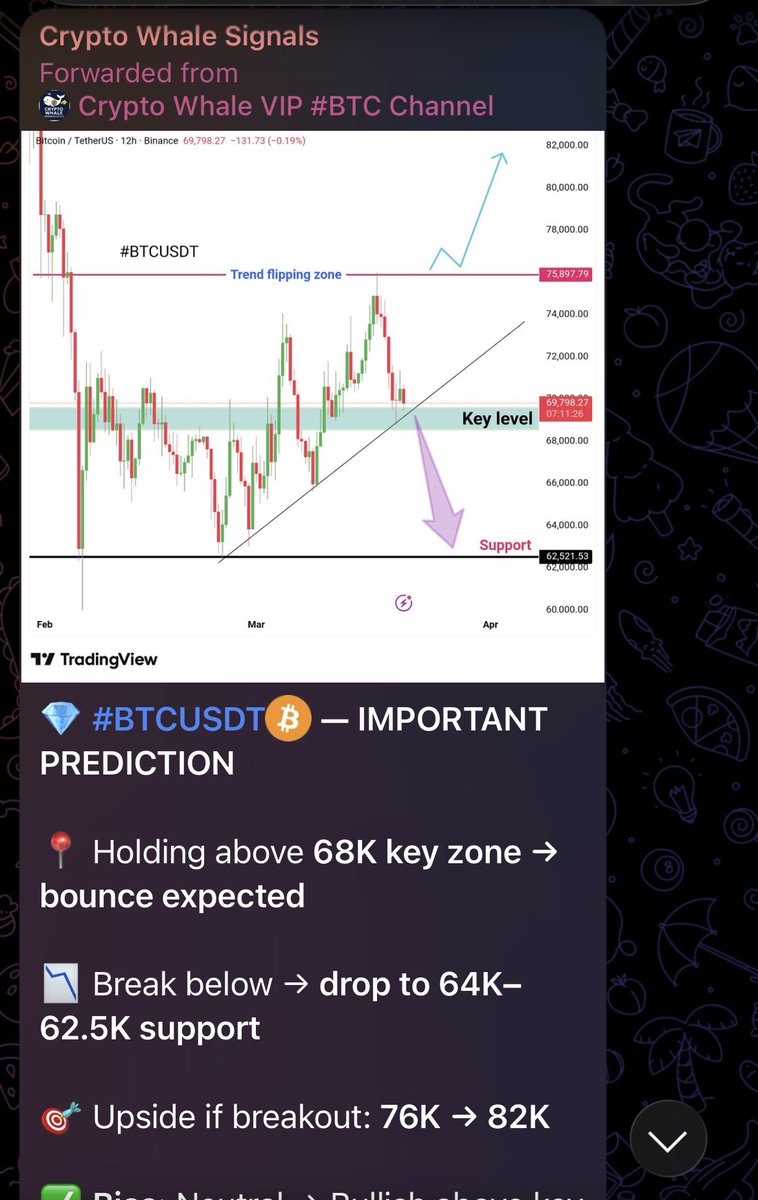 💎 #BTCUSDT💰 — IMPORTANT PREDICTION 

📍 Holding above 68K key zone → bounce expected

📉 Break below → drop to 64K–62.5K support

🎯 Upside if breakout: 76K → 82K

✅ Bias: Neutral → Bullish above key level 🚀

#BTC💰 #Whale🐋 #VIP_WhaleSignals✔️

🔗️ Join us in Telegrm,