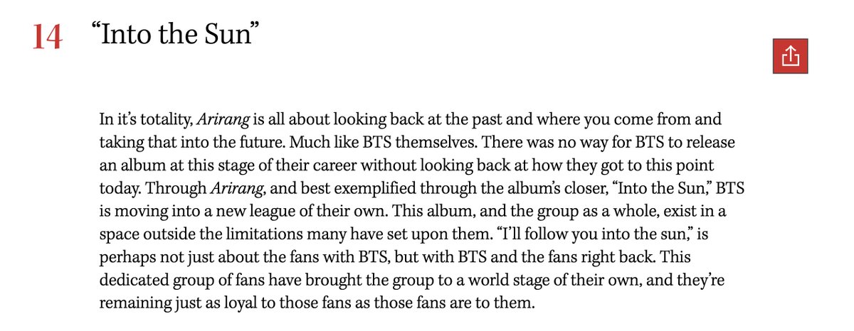 The Hollywood Reporter praises 'Into the Sun' composed by Taehyung as the an anthem that exemplifies BTS and their dedicated fandom.

"In it’s totality, Arirang is all about looking back at the past and where you come from and taking that into the future. Much like BTS