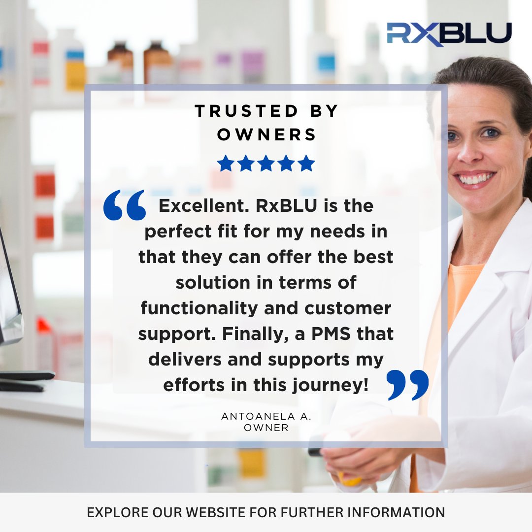 rx_blu's tweet photo. Testimonial 1 of 6: 
Community pharmacy owners value reliability.
Read real feedback from RxBLU users.
We are honored by the trust our clients place in us. Community pharmacy owners value stability and support. See what they say about RxBLU.
#PharmacyTestimonial #RxBLU https://t.co/2M0C7kzK8A