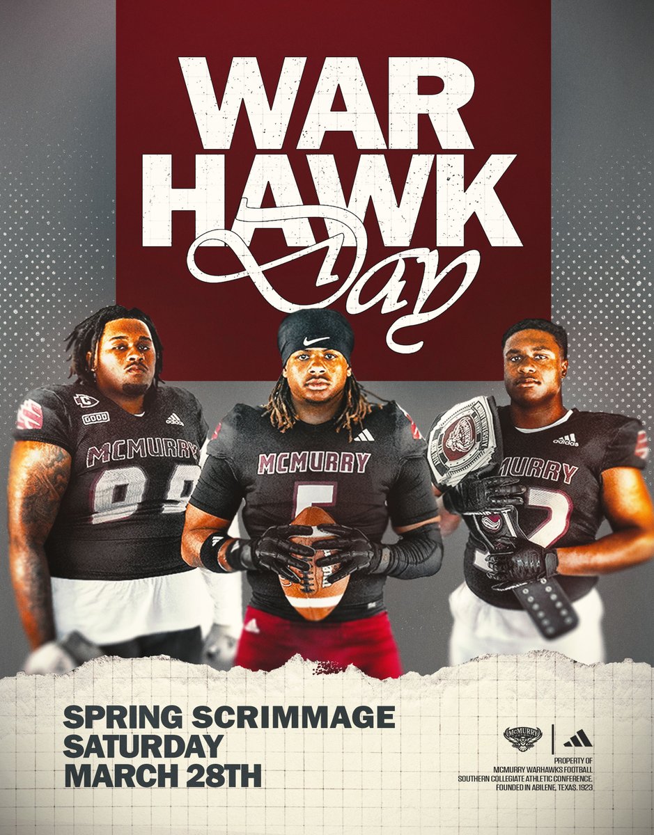 1 more weeks of Spring Ball left till we put on our show!

War Hawk Day 2026 / Saturday, March 28th / 3:00 PM Start

Rising Seniors come join us for our recruiting showcase and learn more about McMurry University and War Hawk Football!

#RelentlessPursuit
#WarHawksFAW