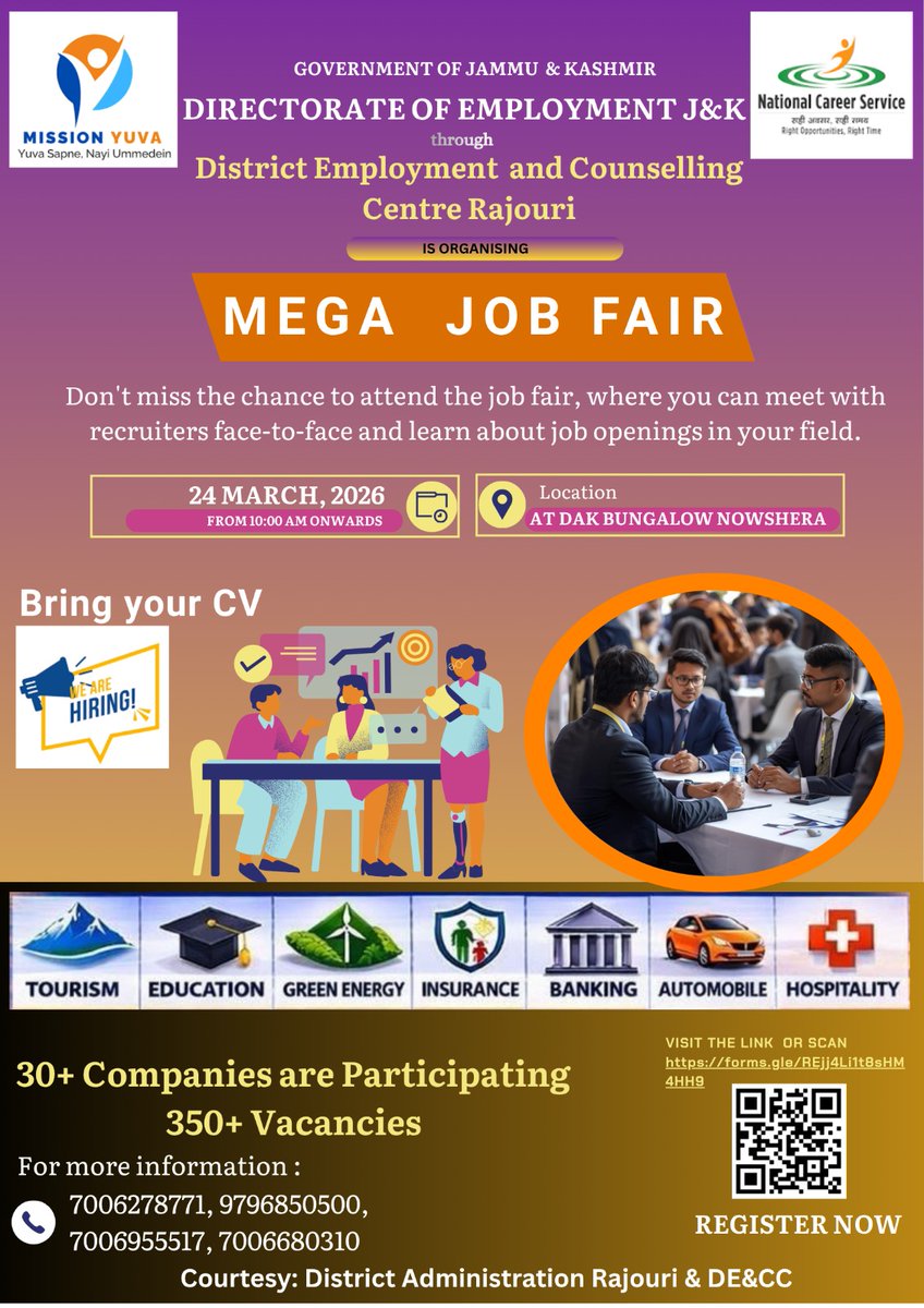 DioRajouri's tweet image. Mega Job Fair at Dak Bungalow #Nowshera on 24 March from 10 AM onwards!

30+ companies, 350+ vacancies. All job seekers are requested to participate.

Bring CV, photos, ID &amp;amp; qualification documents.
Don’t miss this opportunity!
 #JobFair #Nowshera
@diprjk @harvinder_ias
