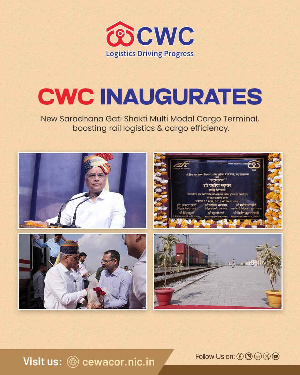 cwc_warehouse's tweet photo. Central Warehousing Corporation proudly announces the inauguration of the New Saradhana Gati Shakti Multi Modal Cargo Terminal (GCT) on 20.03.2026 by Sh. Praveen Kumar, MD/DFCCIL  in the august presence of Director (OP&BD), Director (Infra), GGM (BD&BA), Sh. Vineet Tyagi, GM/Coordination (Ajmer); Sh. Rajendra Singh Chaudhary, GM/Co-ordination (Jaipur) and Sh. Prince Kumar, Regional Manager, CWC, RO Jaipur.

This is CWC’s first GCT, developed over an area of 4.3 acres, equipped with modern cargo handling infrastructure and seamless rail-road connectivity to enhance efficient freight movement.

The terminal (DGSN) is expected to handle approximately 40 rakes/month (1.5 MTPA), including containers, marble, granite, minerals and other cargo. It will significantly boost first- and last-mile connectivity, linking Ajmer (Rajasthan) with major ports like JNPT, Pipavav & Mundra via the WDFC network.

@JoshiPralhad @PralhadJoshiOfc @fooddeptgoi @blvermaup @Nimu_Bambhaniya @MDCWC @Directorprscwc @Director_FinCWC @Director_MCP

#CWC #GatiShakti #RailLogistics #MultiModalCargoTerminal