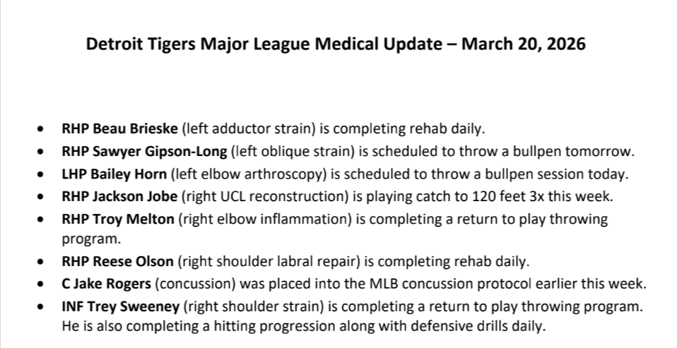 evanwoodbery's tweet image. Tigers' medical report: