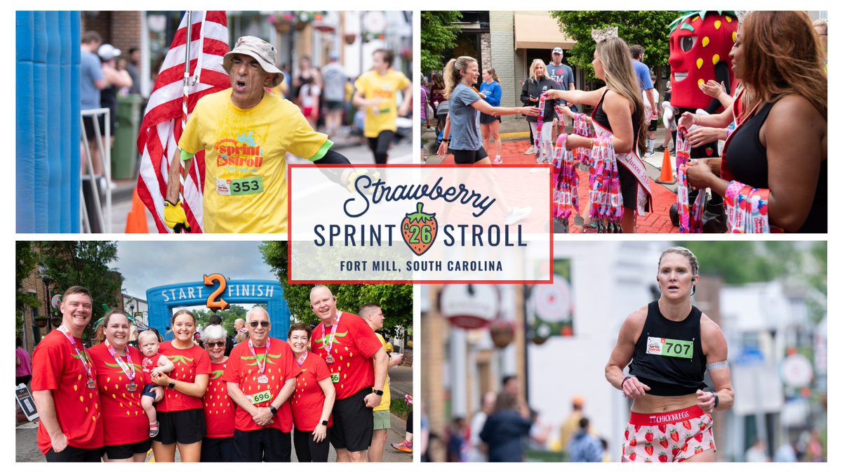 🏃‍♀️🍓 Lace up and start your Strawberry Season Activities on the move!

The 6th Annual Strawberry Sprint &amp; Stroll 5K &amp; Fun Run returns to Historic Downtown Fort Mill on Sat., April 25, 2026 @ 9AM-12PM

🎟 Register now! SCStrawberryFestival.com under Pre-Festival Events!