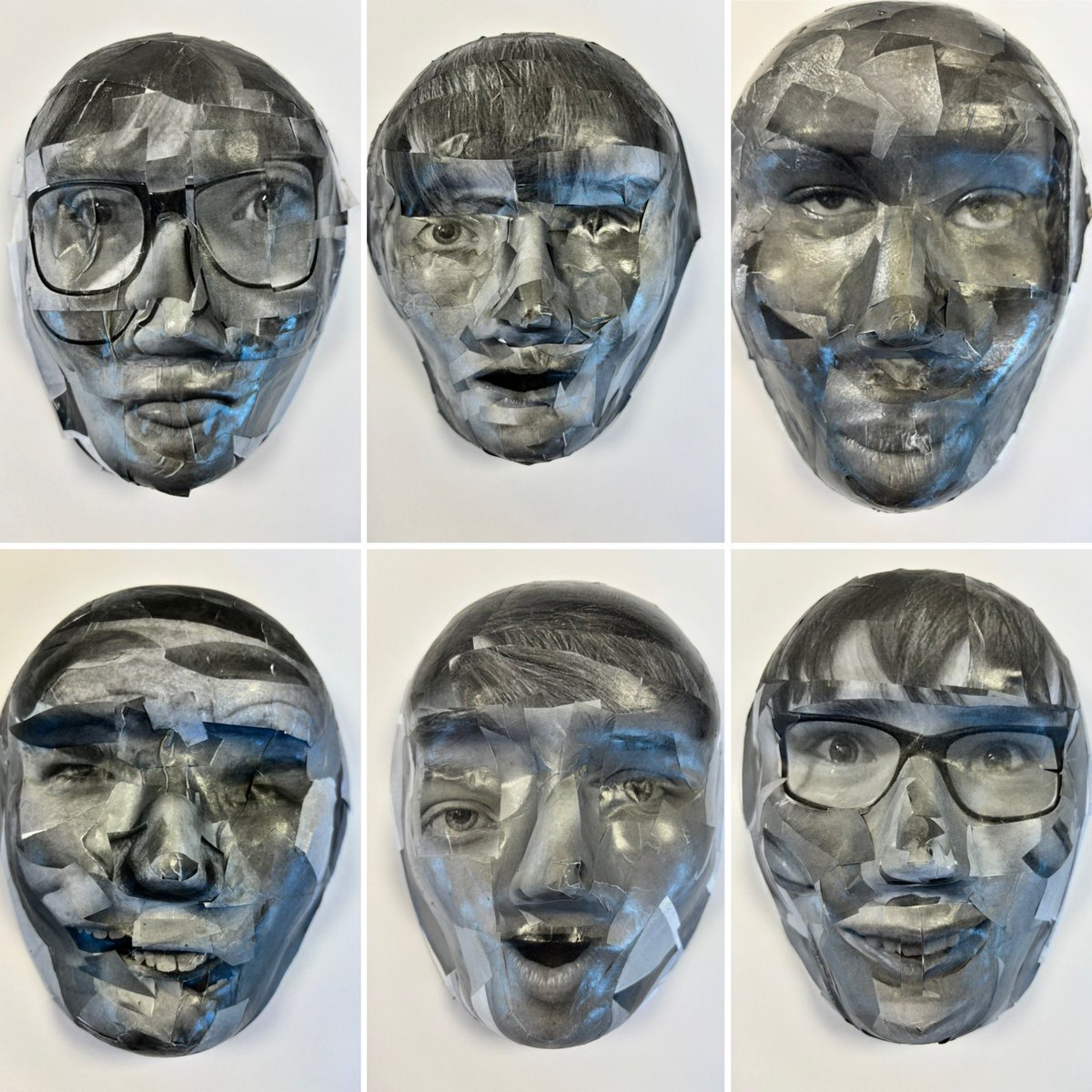 Today we completed our expressive mask project exploring emotion and identity. Students photographed a range of facial expressions and combined them into layered mask designs. A vibrant collection of experimental, mixed-expression outcomes—creative, bold, and full of personality.