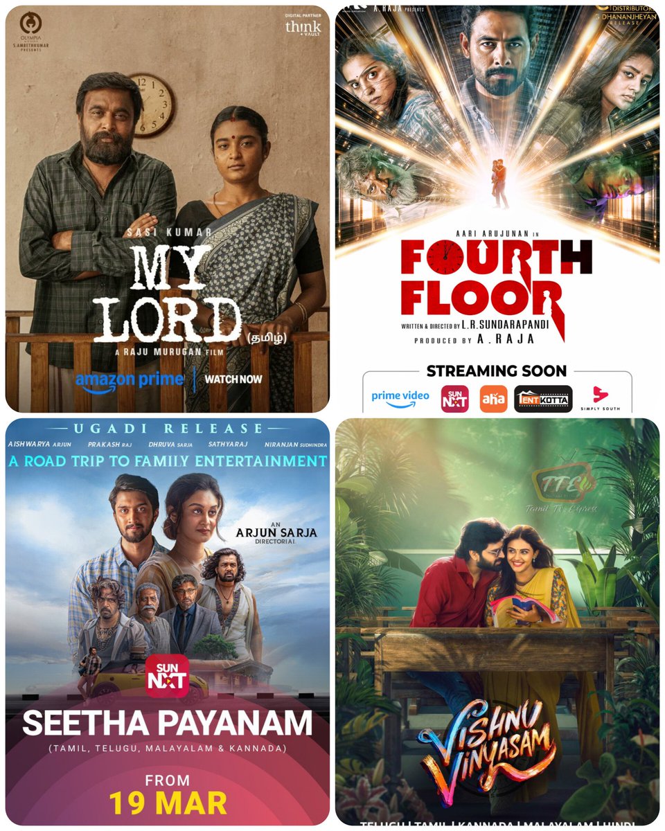TamilTvExpress's tweet photo. #Mylord - prime video
#Forthfloor - Sunnxt & simplysouth
#Seethapayanam - Sunnxt
#Vishnuvinysam - Primevideo
#Primevideo #Sunnxt #Simplysouth https://t.co/6KY8C3rRMX